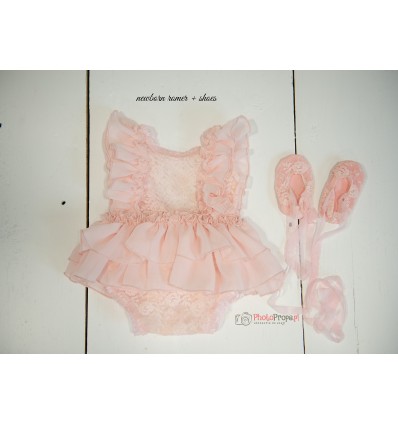 SET BABY PINK PINK lace romper with shoes NB